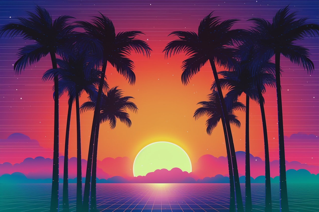 Beach and palm trees in neon cyperpunk colors