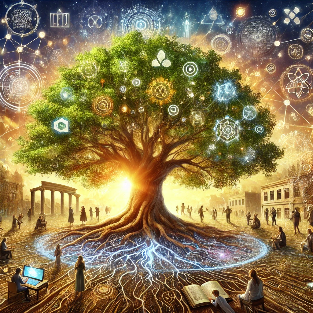 A vibrant tree surrounded by people walking, reading books, working on computers, and conversing